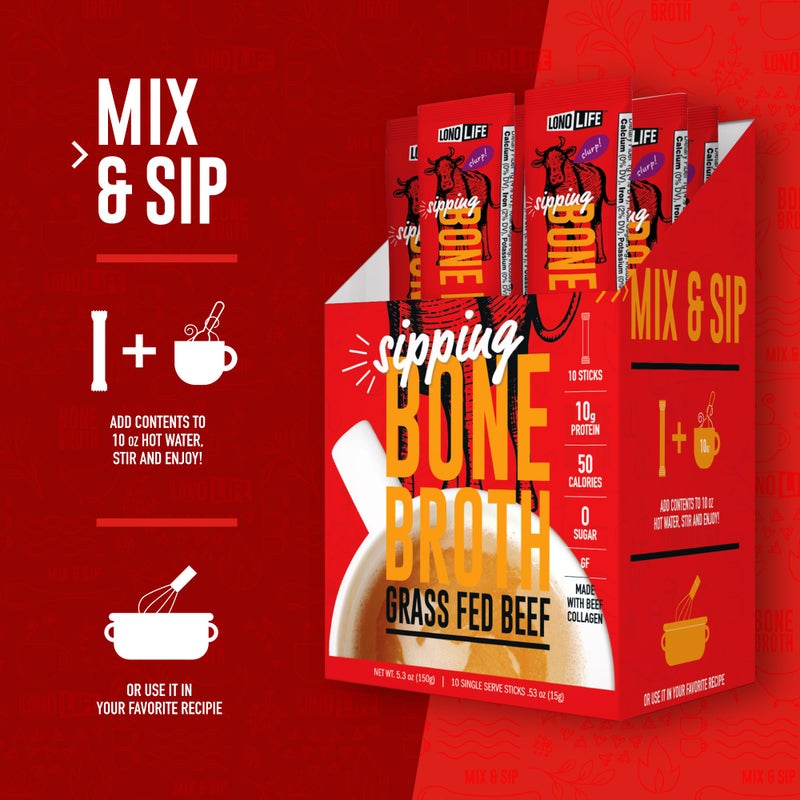 LonoLife Beef Bone Broth Powder Mix | Grass-Fed, 10g Protein | Collagen-Rich, Keto & Paleo Friendly | Natural Ingredients | 10 Portable Stick Pack Servings - Image 5